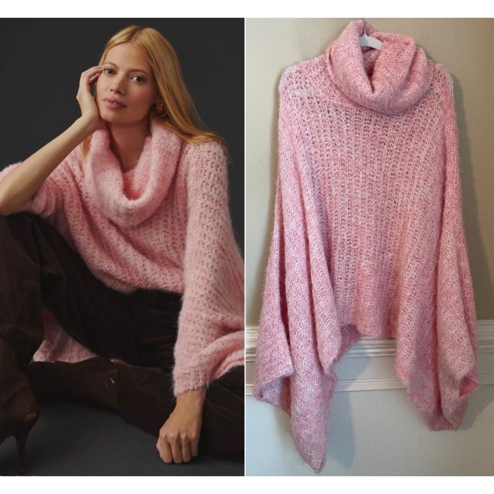 Anthropologie Funnel Neck Poncho Pullover One Size Pink Fuzzy Oversize Cozy
